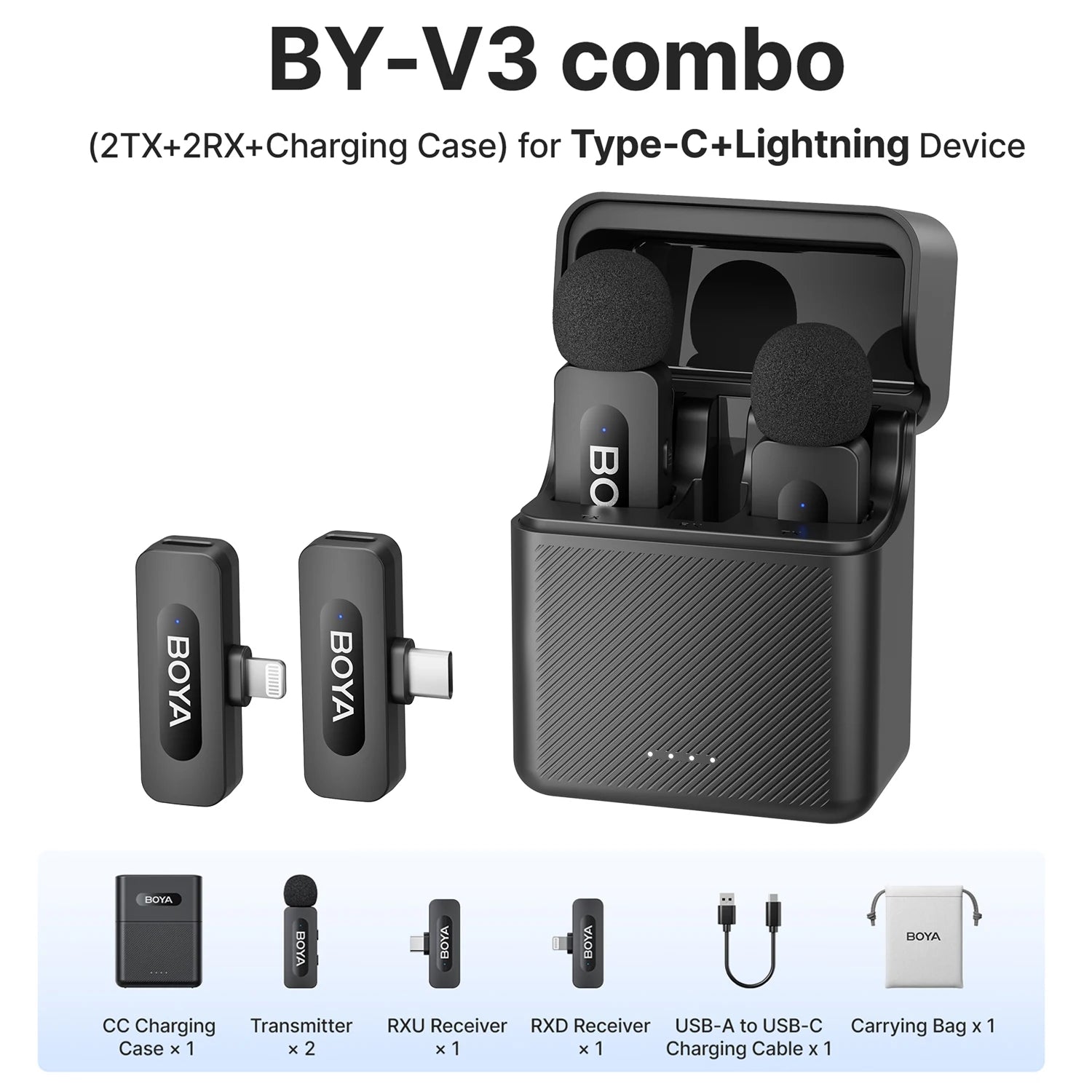 BOYA BY-V3 Wireless Lavalier Microphone with Noise Cancellation & Charging Case for iPhone & Android