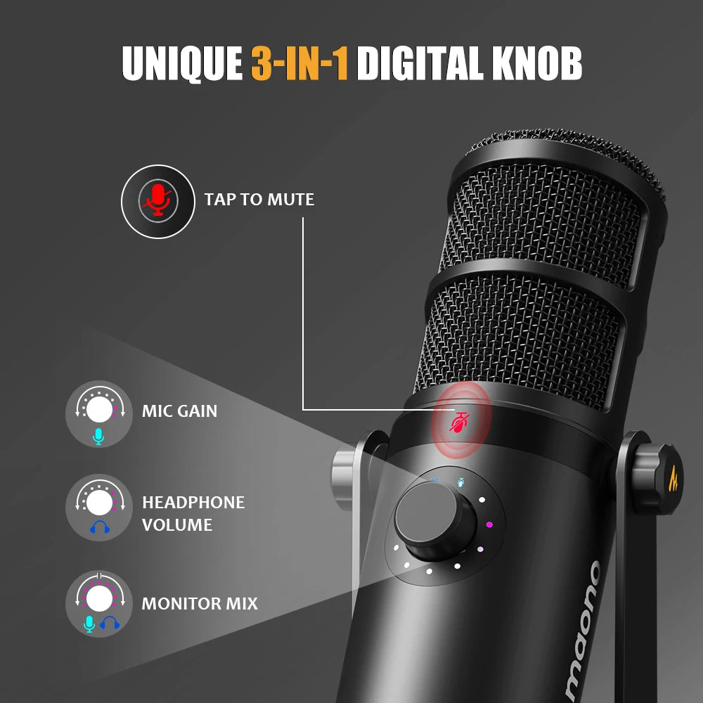 USB/XLR Dynamic Microphone with One-Touch Mute, Monitoring & Metal Body for Studio Podcasting