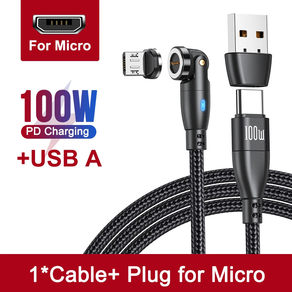 540 Degree Magnetic Fast Charging USB Type C Cable with 5A PD100W Power and 3 Tips