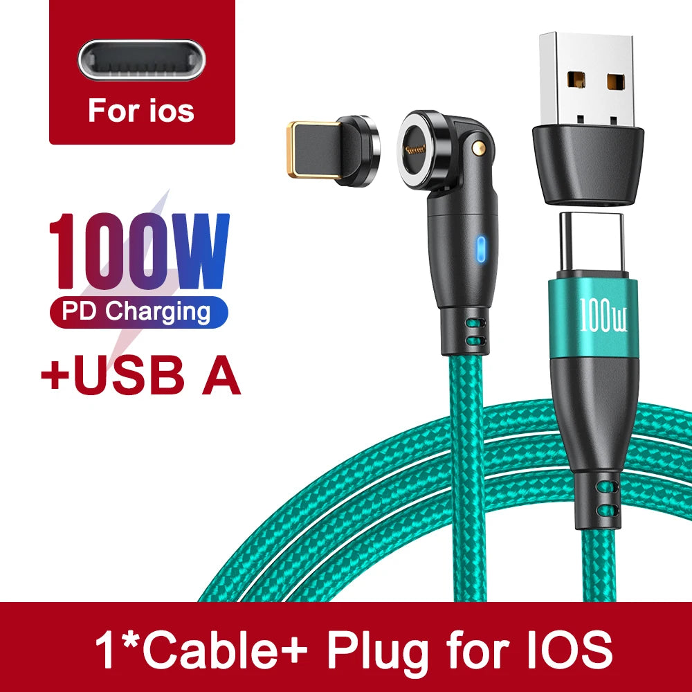 540 Degree Magnetic Fast Charging USB Type C Cable with 5A PD100W Power and 3 Tips