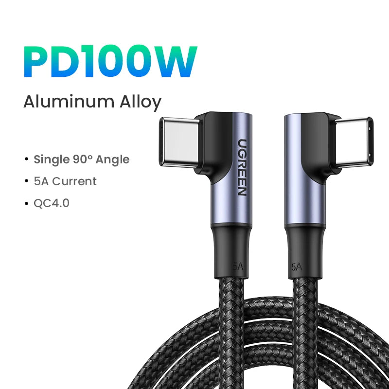 USB-C to USB-C 100W Fast Charging Cable 5A PD QC4.0 90° Angle Gaming Cable