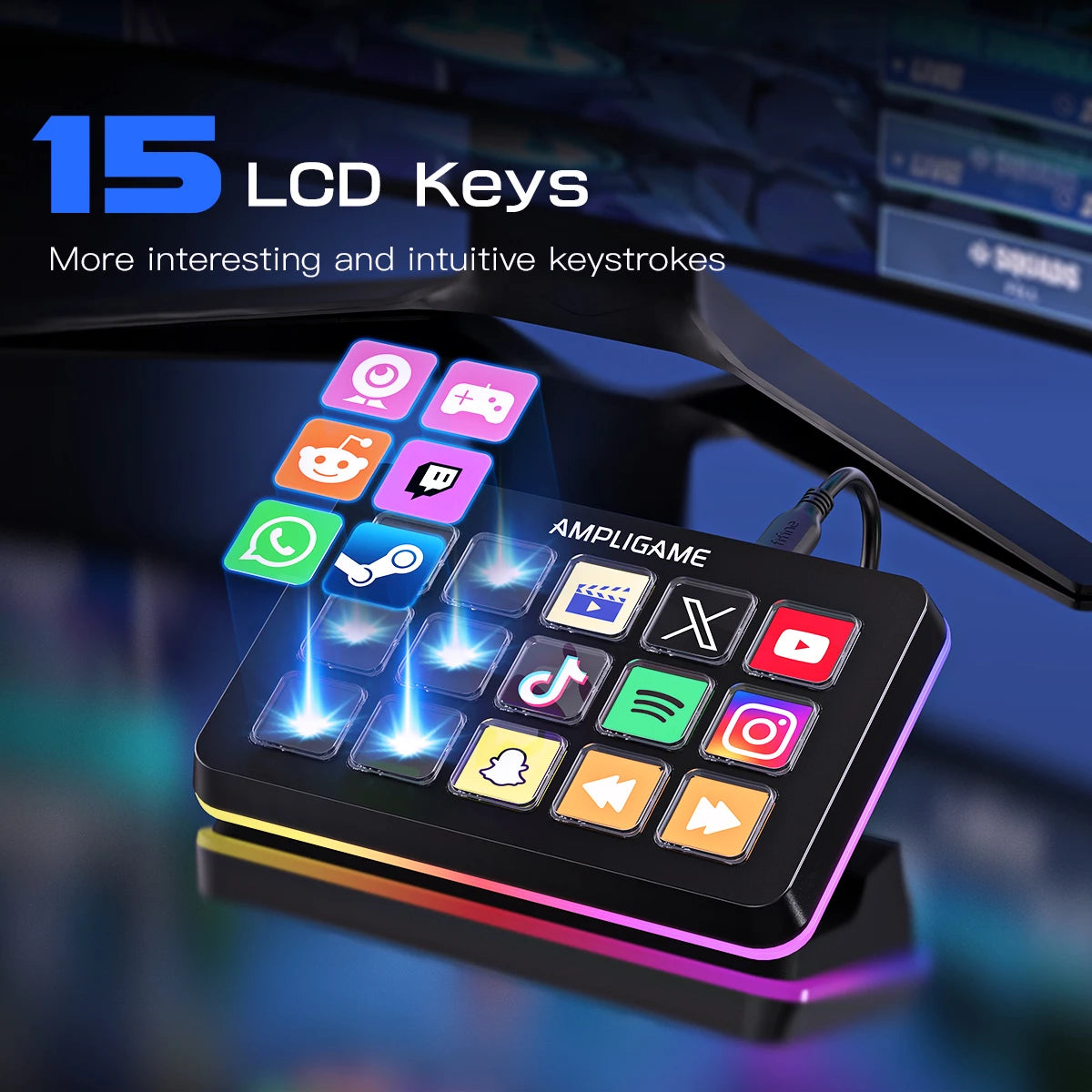 Streaming Controller with 15 Customisable LCD Macro Keys for OBS Twitch YouTube Productivity on Mac PC