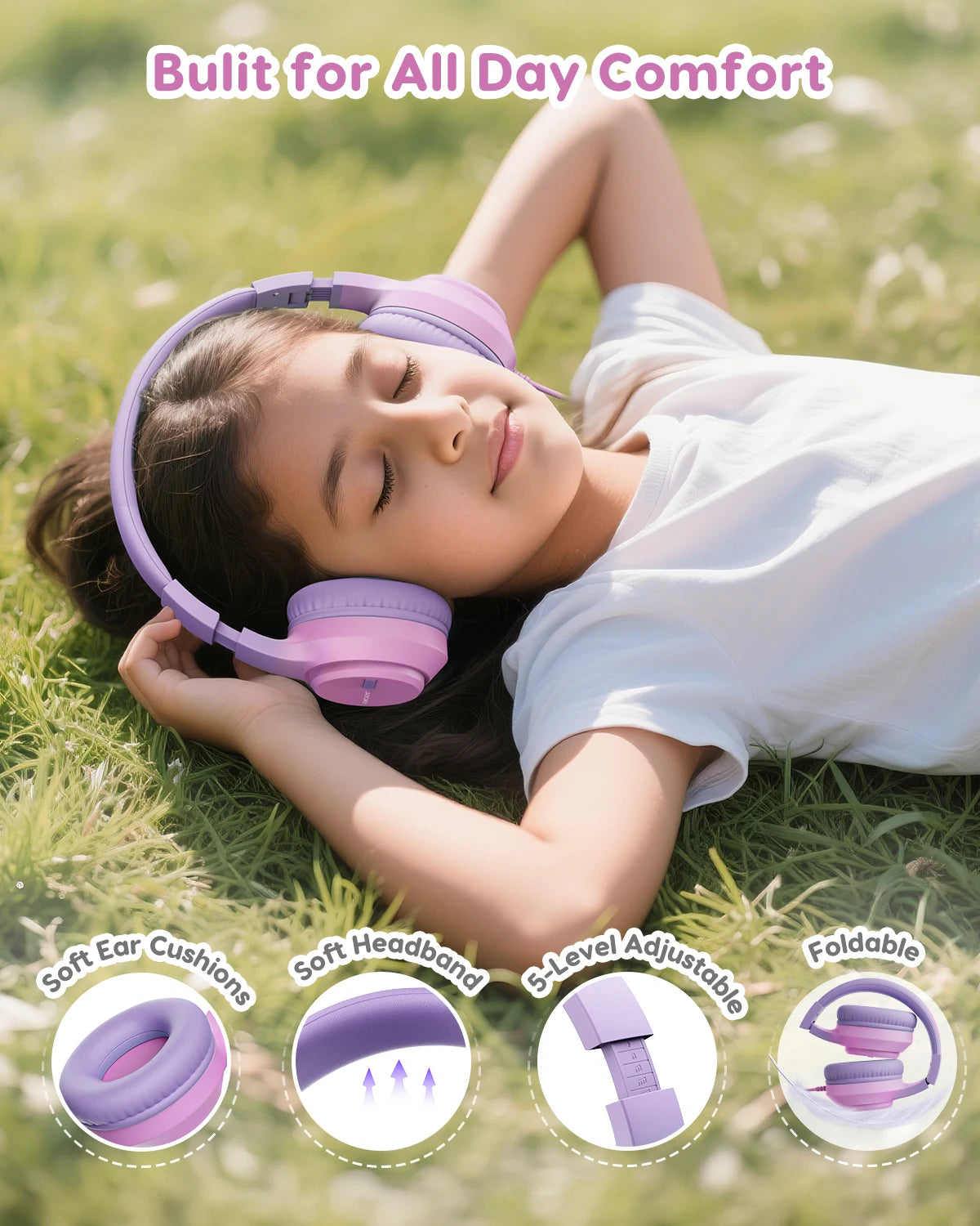 Kids Wired Over Ear Headphones with Volume Limiter and Foldable Design for Study and Travel