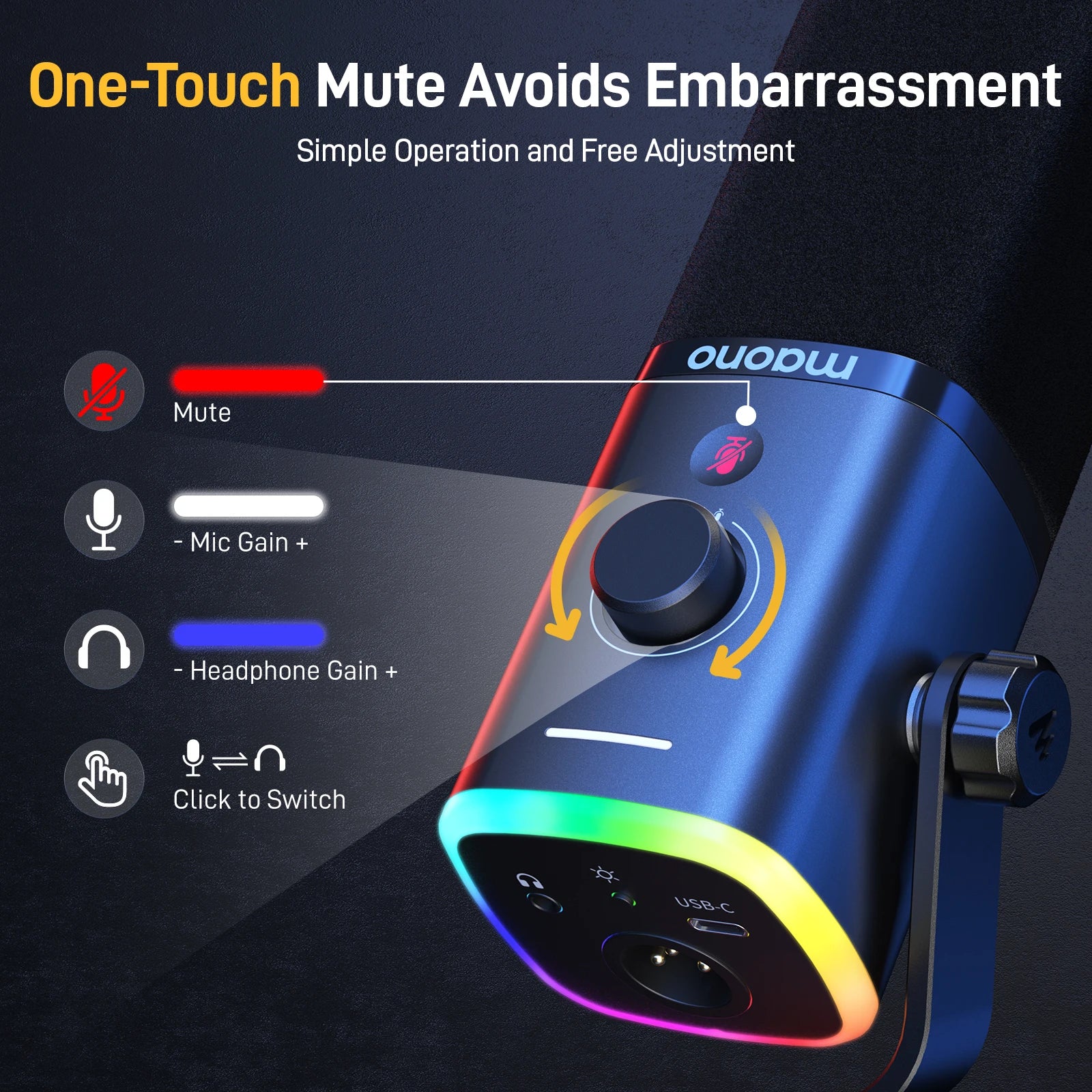 RGB Dynamic Gaming Microphone with USB and XLR Output Noise Reduction for Streaming Recording