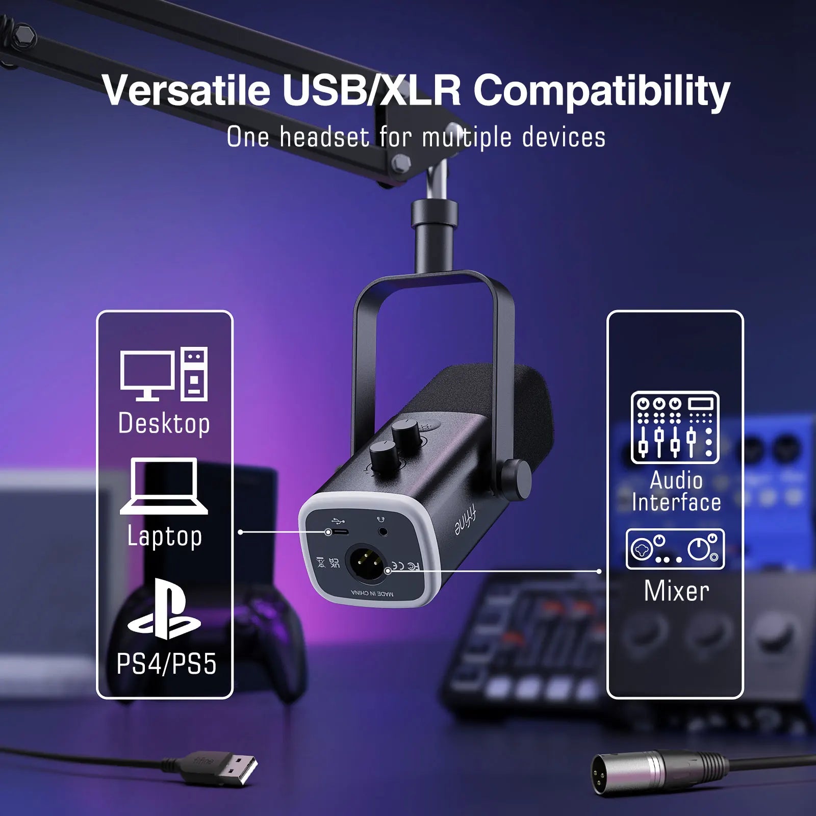 USB XLR Dynamic Gaming Microphone Kit with Boom Arm RGB Mute Headphone Jack for PC PS5 Mixer