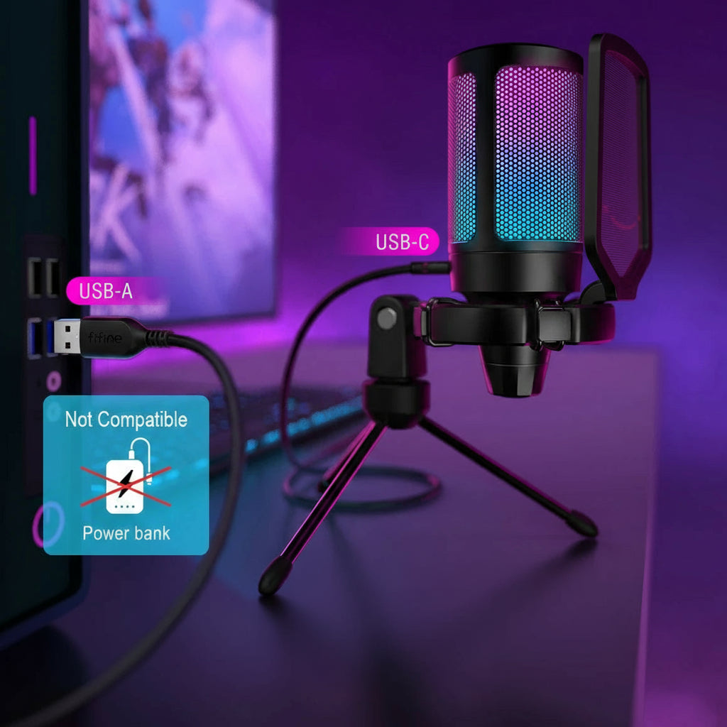 FIFINE A6V USB Condenser Gaming Microphone with RGB Lighting, Pop Filter & Gain Control