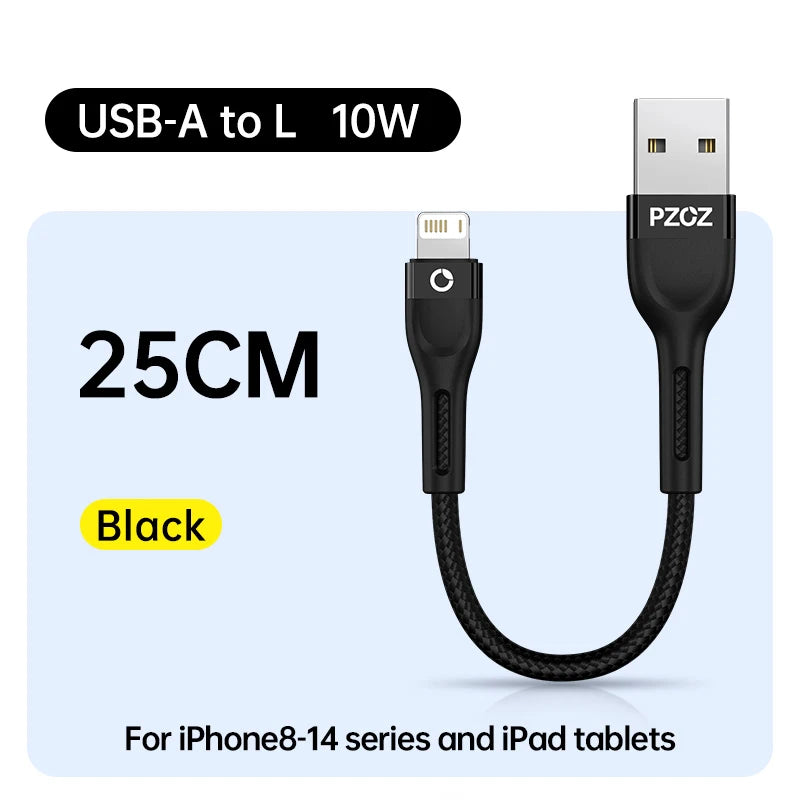 Short USB Charging Cable 25cm 50cm 1m Fast Charge Nylon Data Cord Compatible with iPhone Devices