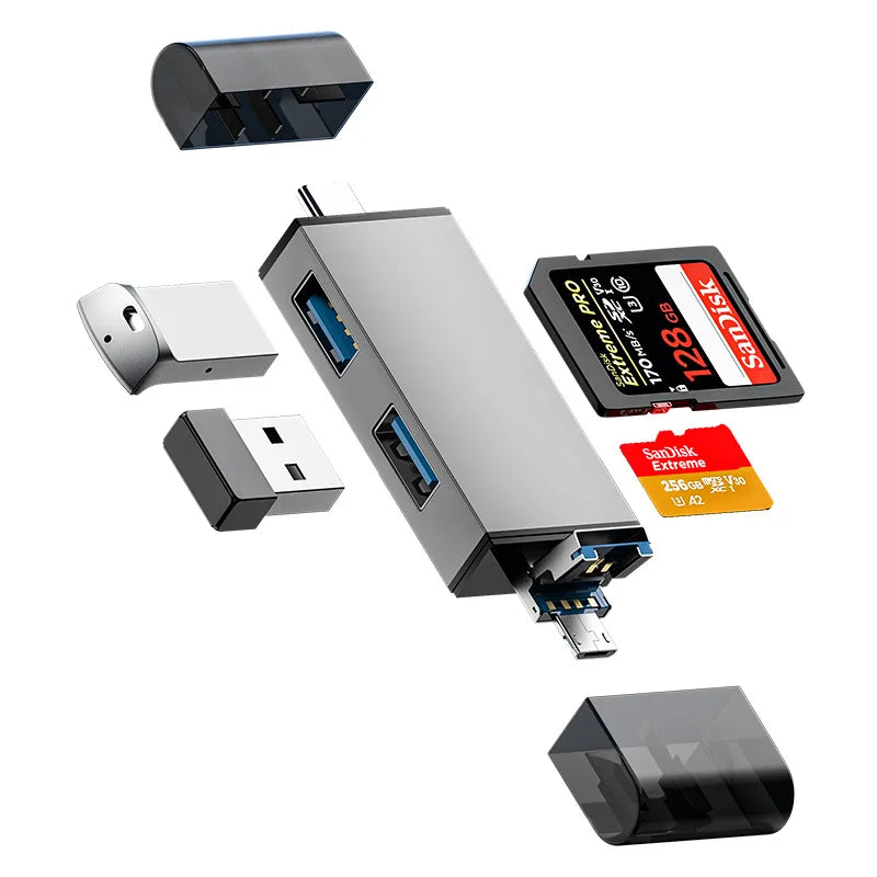 7-in-1 USB 3.0 Card Reader with Type-C Adapter for SD, TF, and Micro Memory Cards