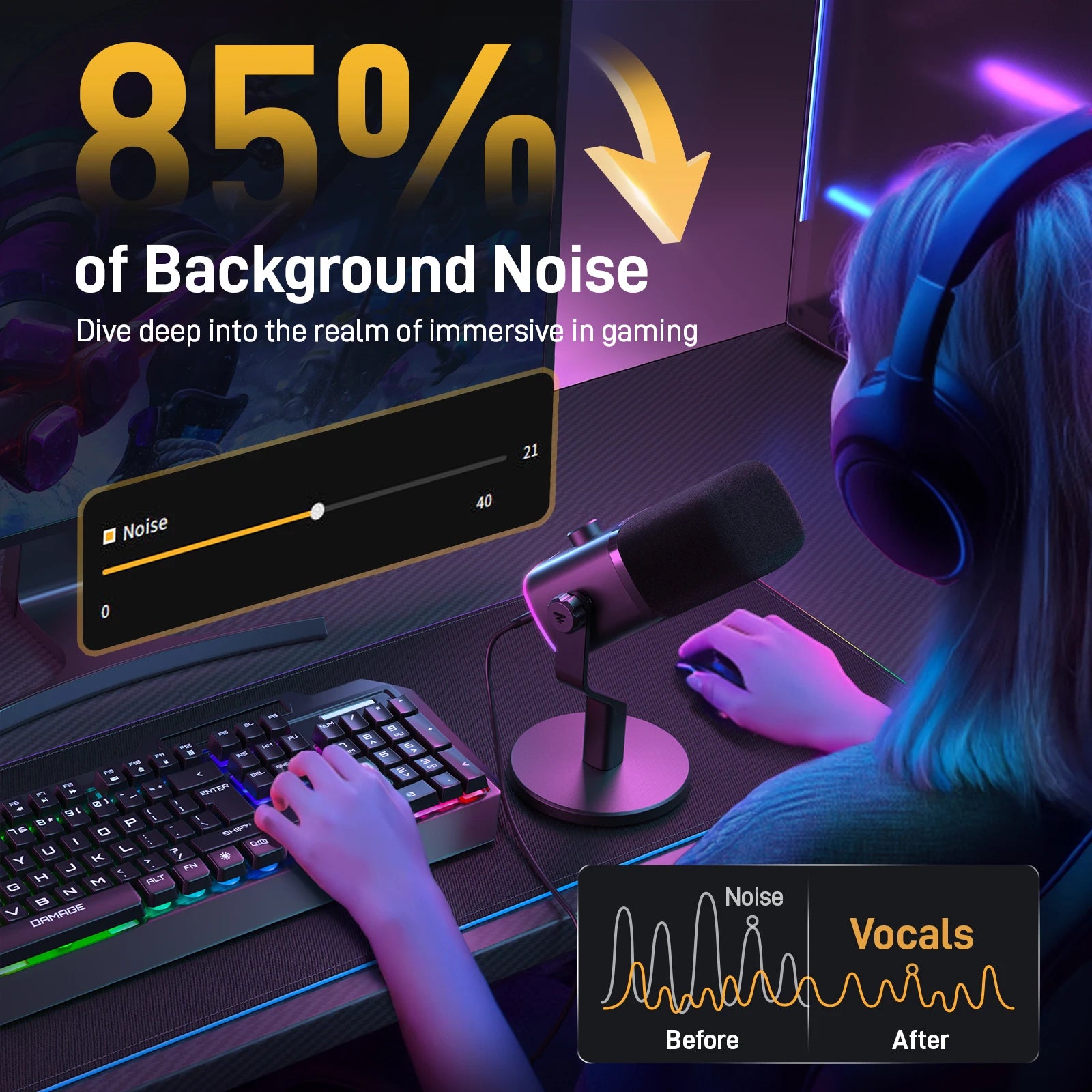 RGB Dynamic Gaming Microphone with USB and XLR Output Noise Reduction for Streaming Recording