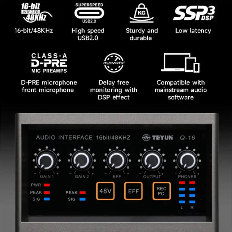 USB Audio Interface External Sound Card for Professional Studio Recording and Live Streaming