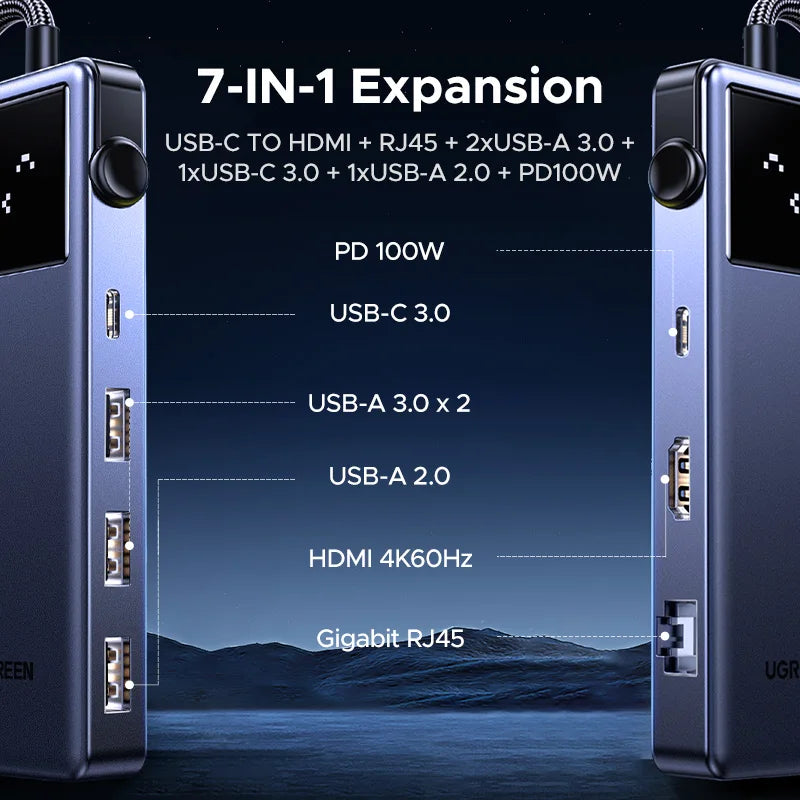 USB-C 7-in-1 Hub with 4K60Hz HDMI, Gigabit Ethernet, Power Delivery 100W, USB 3.0 Docking Station