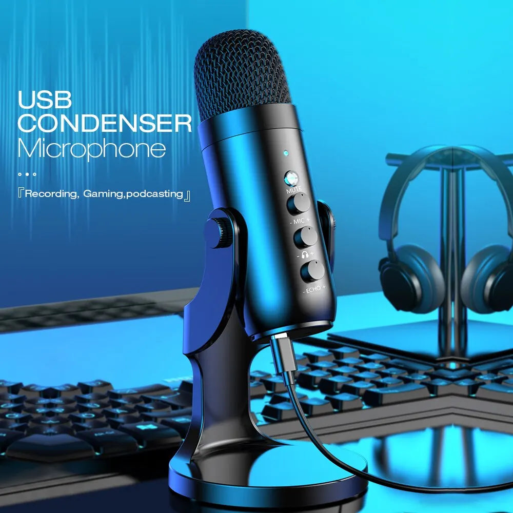 Haomuren USB Condenser Microphone with Headphone Output & Phone Adapter for PC, Mac & Gaming