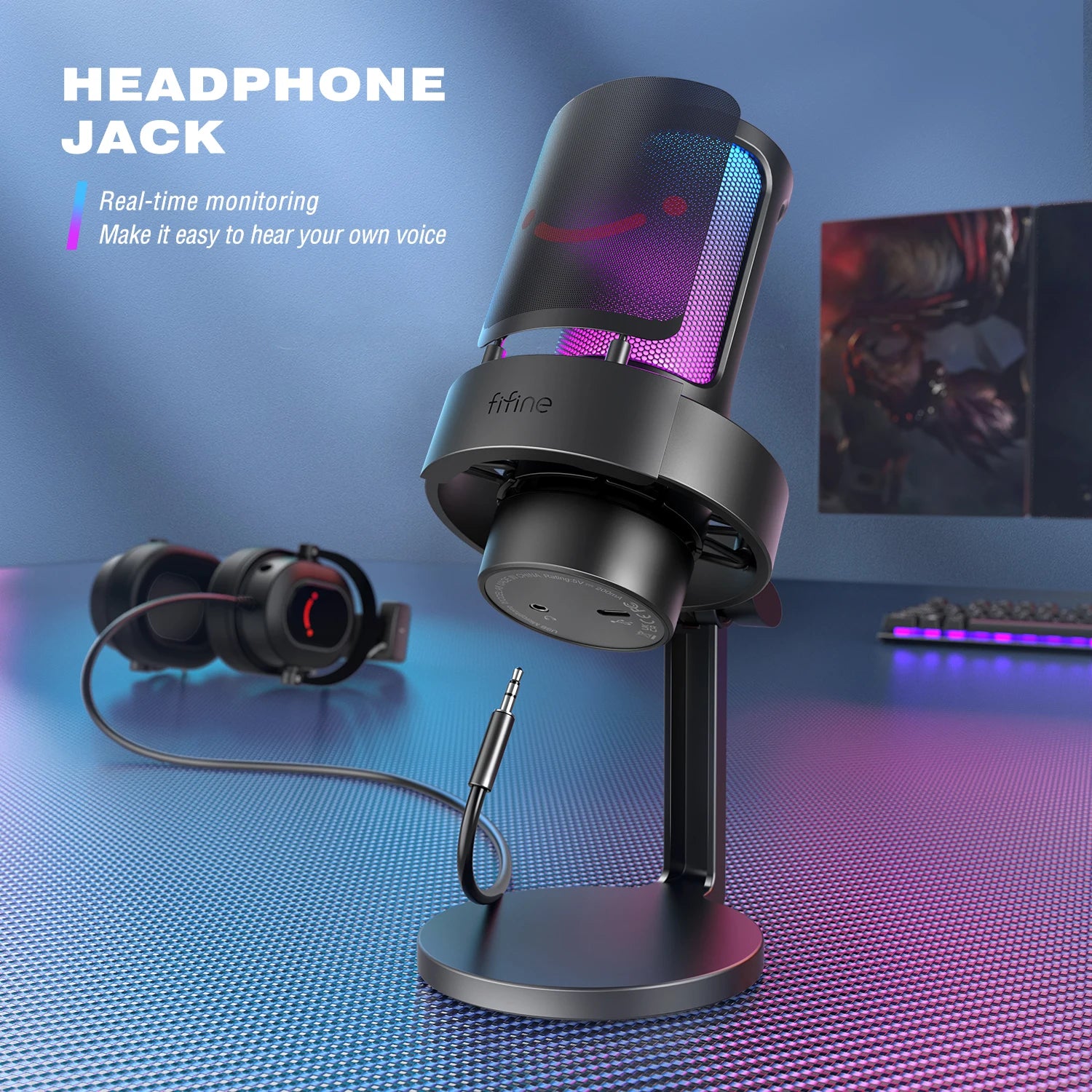 USB Microphone for PC and Mac with Pop Filter, Touch Mute, 3.5mm Jack and RGB Lighting for Streaming