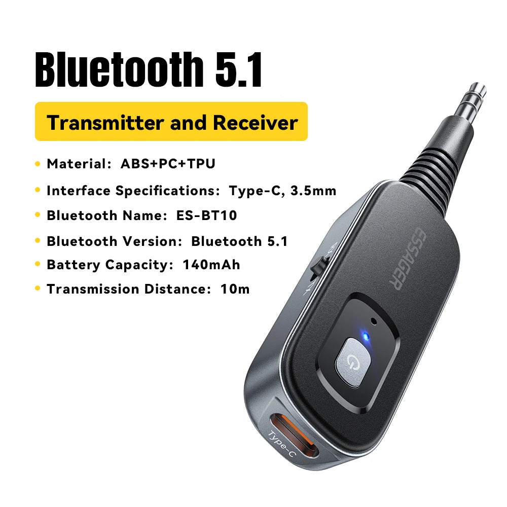 2-in-1 Bluetooth 5.1 Audio Receiver and Transmitter with 3.5mm AUX for TV Car and Earphones