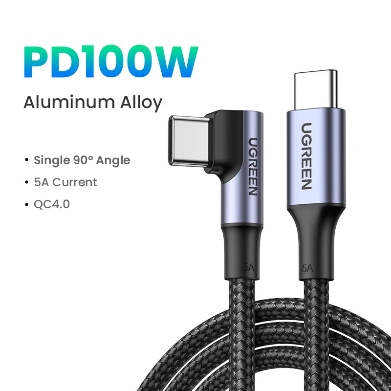 USB-C to USB-C 100W Fast Charging Cable 5A PD QC4.0 90° Angle Gaming Cable