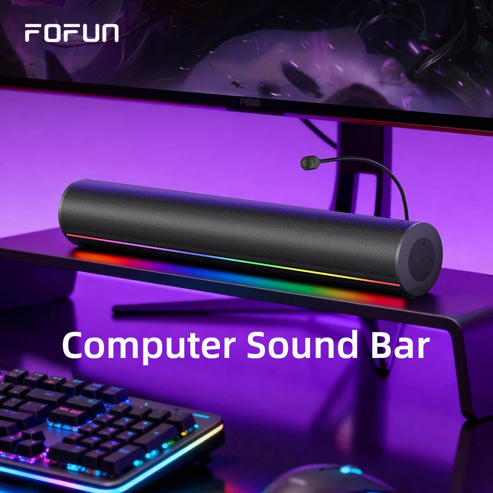 Bluetooth 6.0 Computer Soundbar with Stereo Speakers and Detachable Microphone for PC