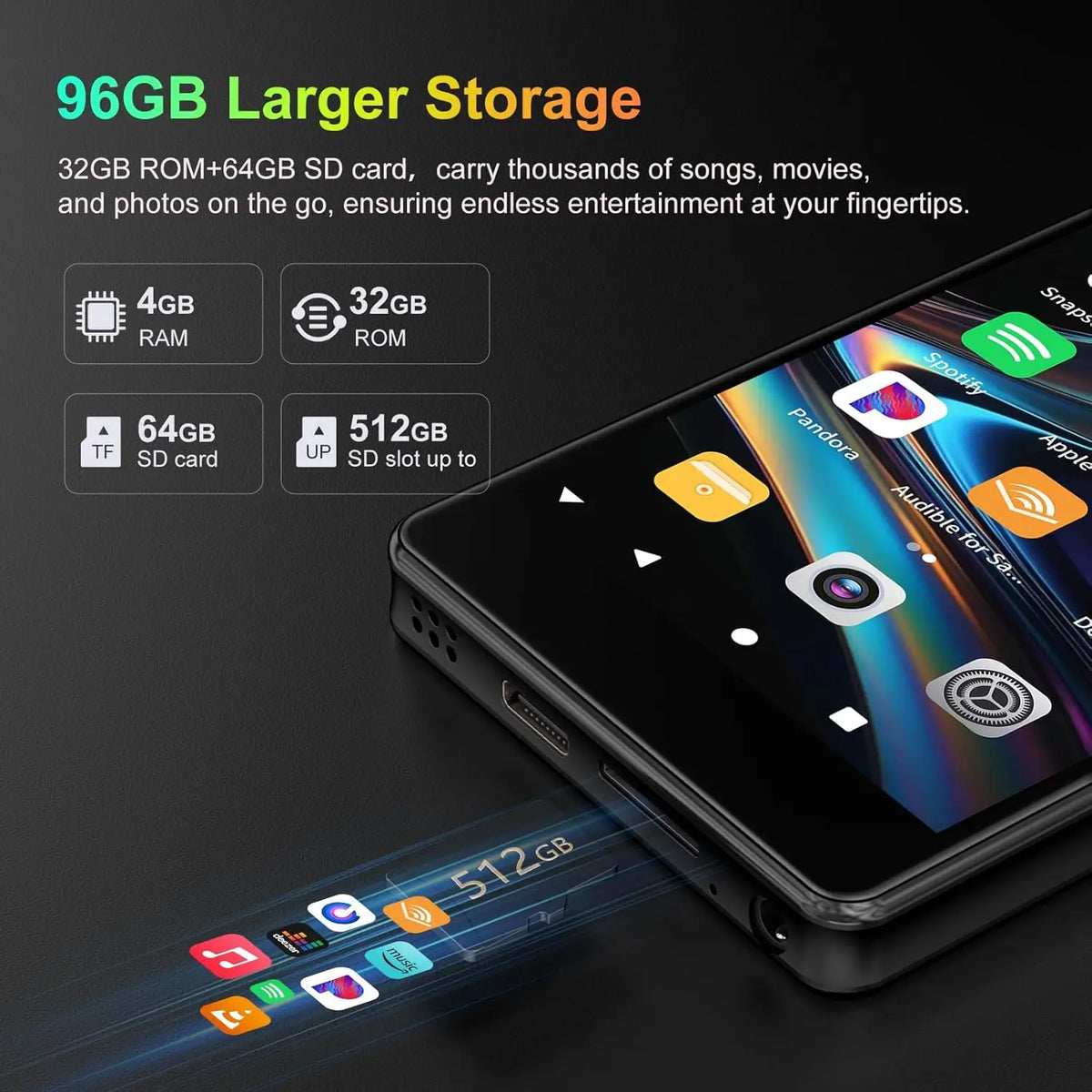 Bluetooth MP3 Player with Camera, Android 13, 4" Touch Display, Wi-Fi, High-Res Audio, 32GB/96GB