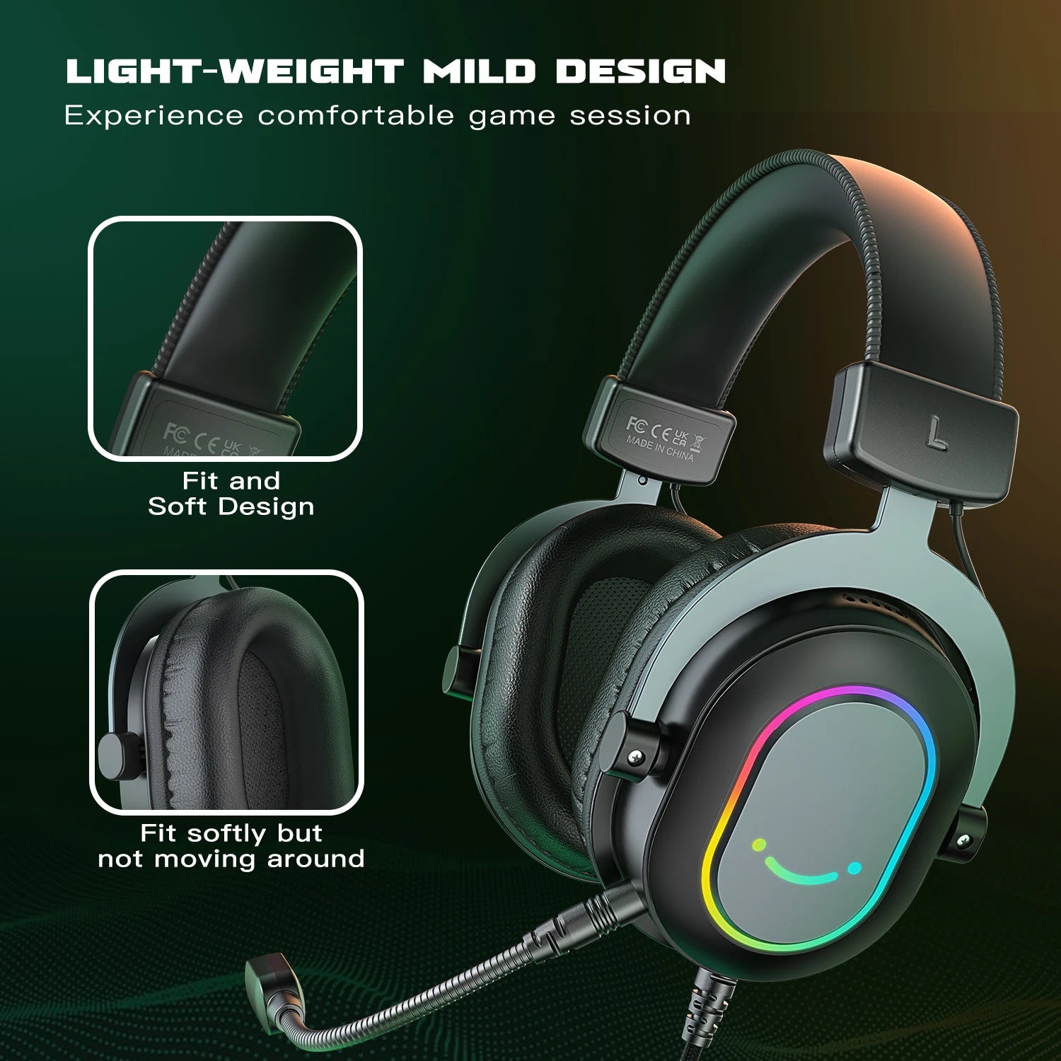 USB Gaming Headset with 7.1 Surround Sound RGB Mic 3 EQ Modes Line Control Plug and Play for PC PS5
