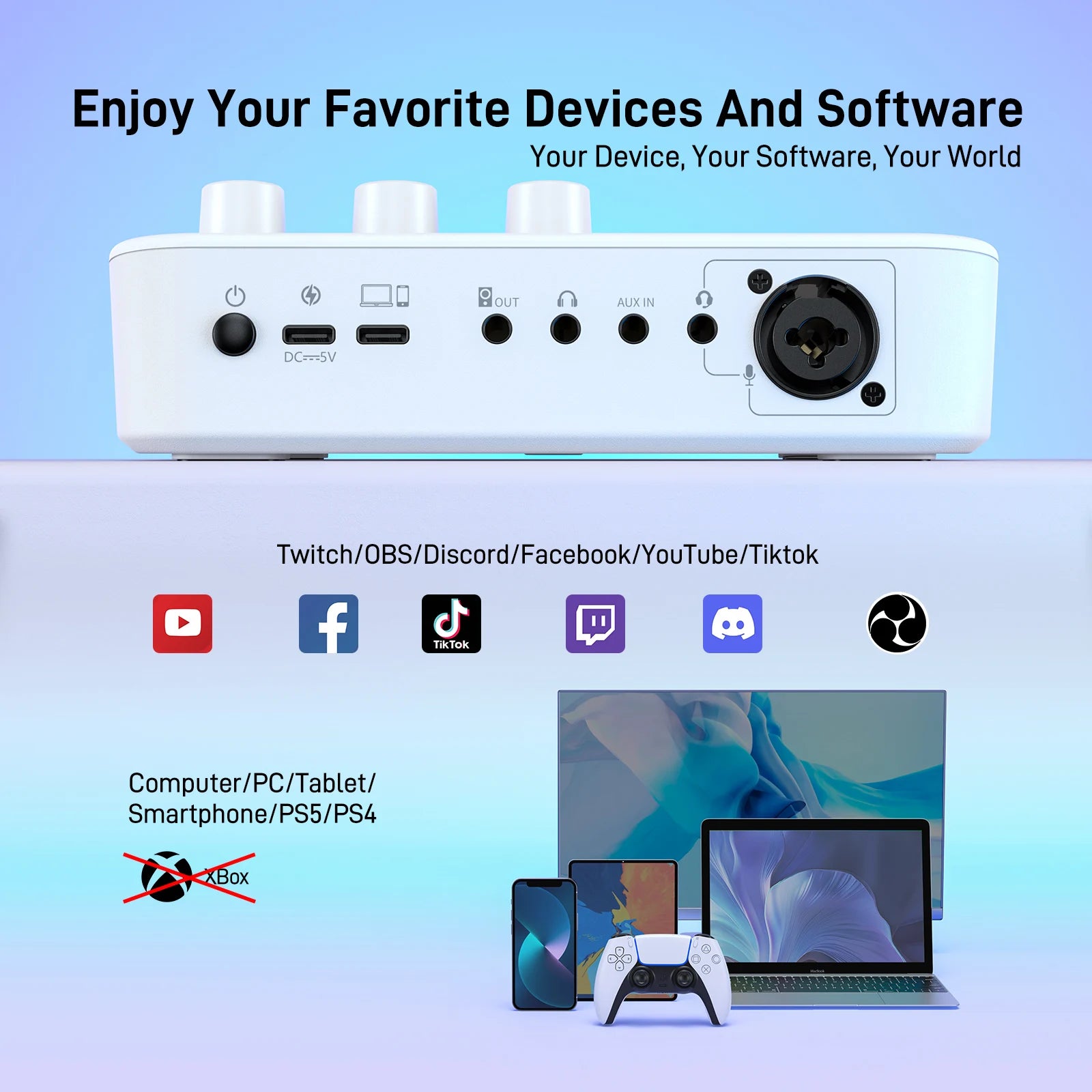 Audio Mixer with XLR Microphone Interface RGB Sound Effects for Streaming, Gaming and Podcasting