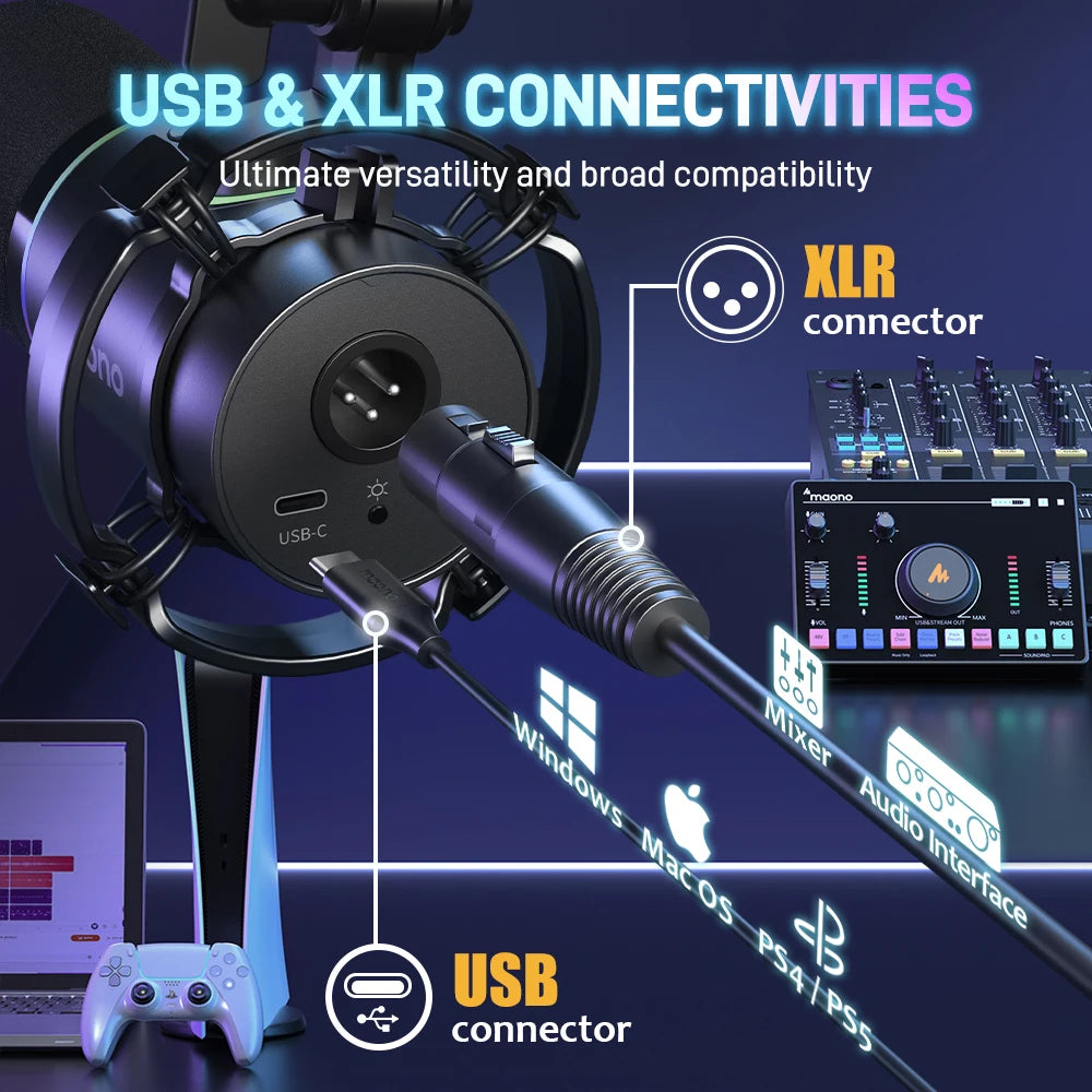 XLR USB Dynamic Gaming Microphone Metal Streaming Recording Mic with RGB Lighting Gain Knob