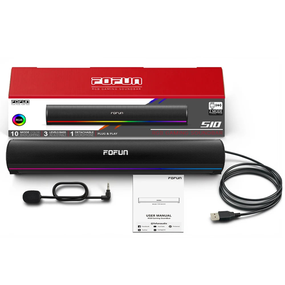 Bluetooth 6.0 Computer Soundbar with Stereo Speakers and Detachable Microphone for PC