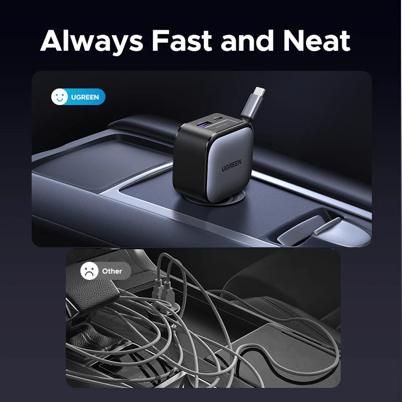 145/90/60W Car Charger with 3 USB-C and USB-A Ports PD QC4.0 Fast Charging Retractable Cable