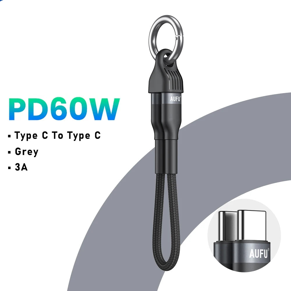 PD60W USB Type C to Type C Fast Charging Short Cable with Keychain for Laptop and Phone