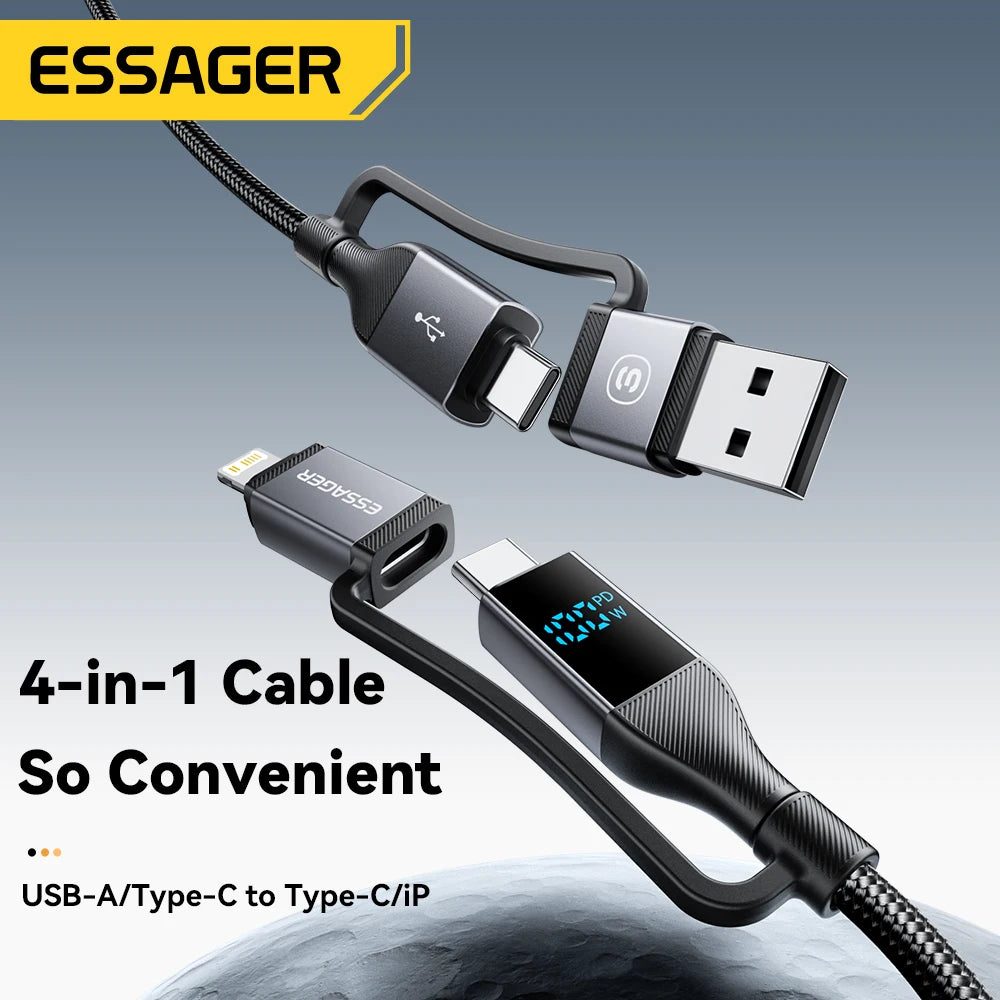 4-in-1 USB-C Cable with Digital Display 100W PD Fast Charging for iPhone MacBook iPad Xiaomi