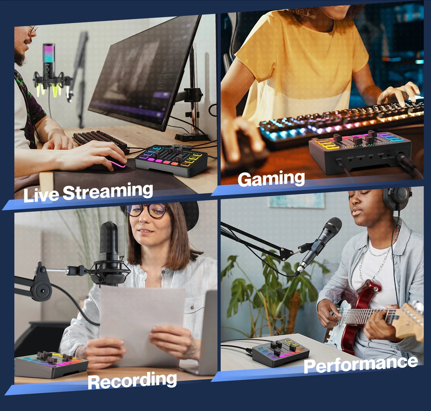 USB Gaming Audio Mixer with XLR Interface 48V Phantom Power RGB Sound Card for Streaming Podcasting