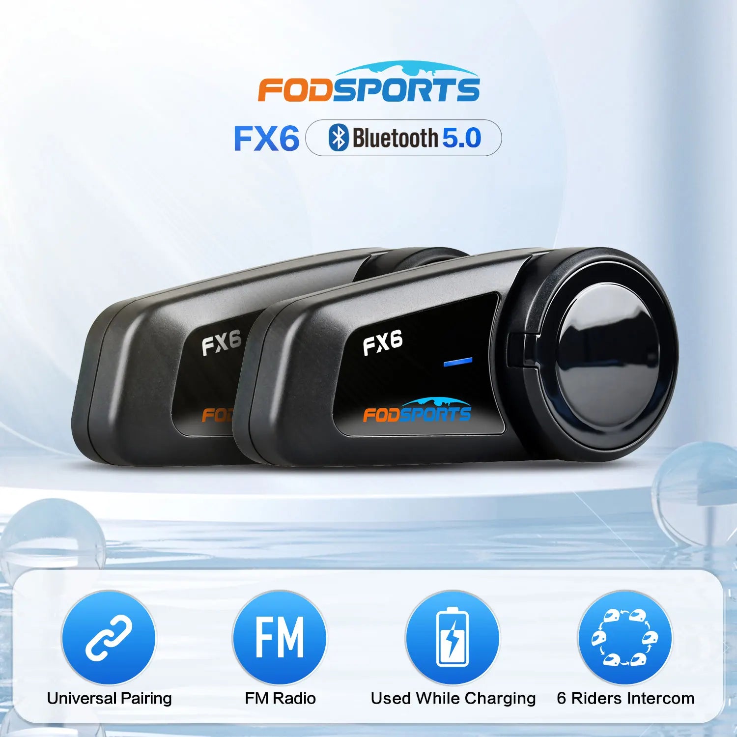 Bluetooth Motorcycle Helmet Intercom with FM Radio, 6-Rider Group Communication Waterproof Headset