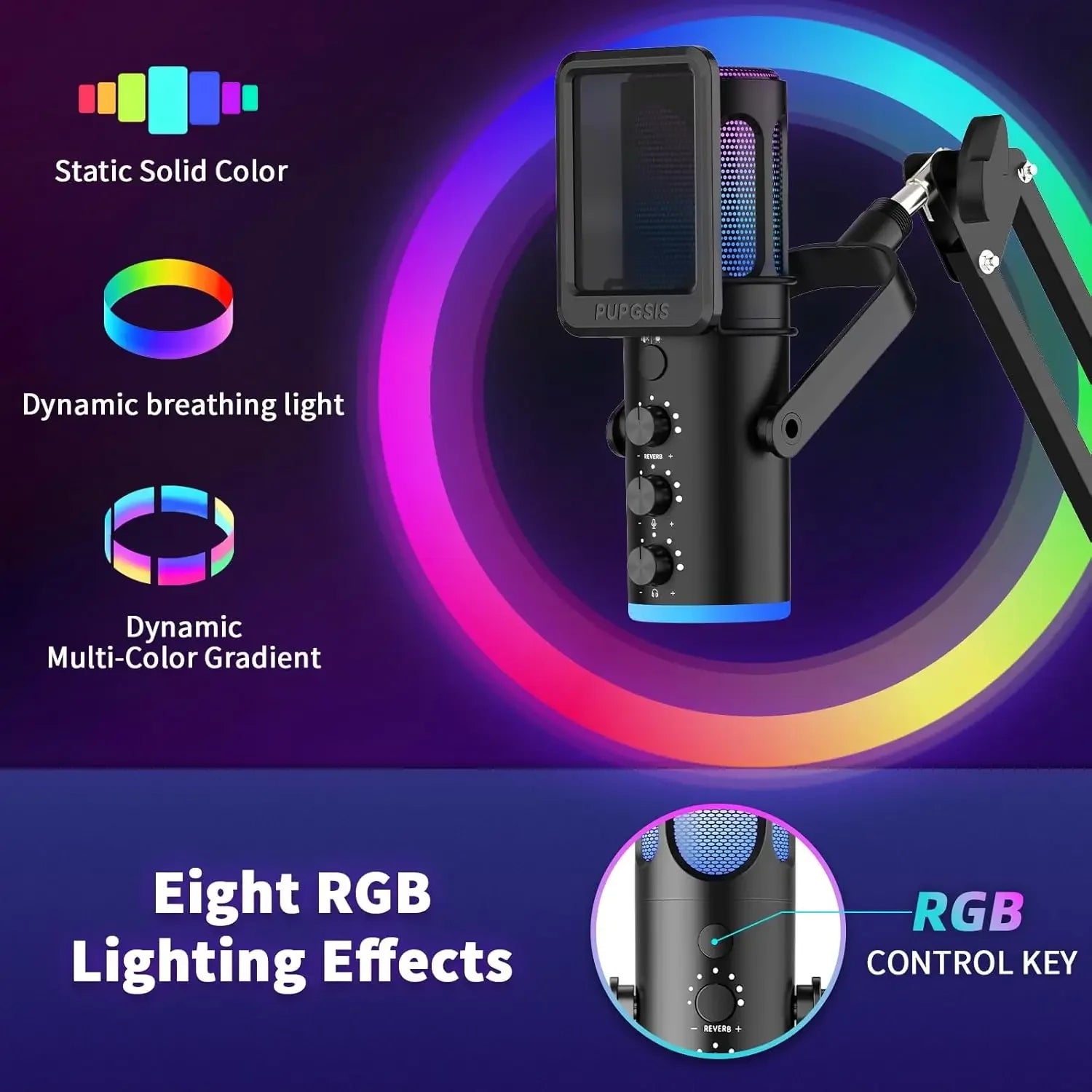 Professional USB Condenser Microphone with Noise Cancellation and Boom Arm for Streaming