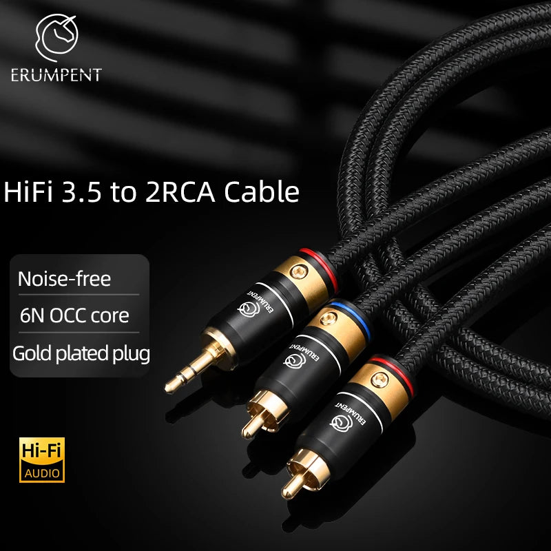 Premium 3.5mm to 2RCA HiFi Audio Cable with 6N OCC Core for Amplifier Speaker and TV Connection