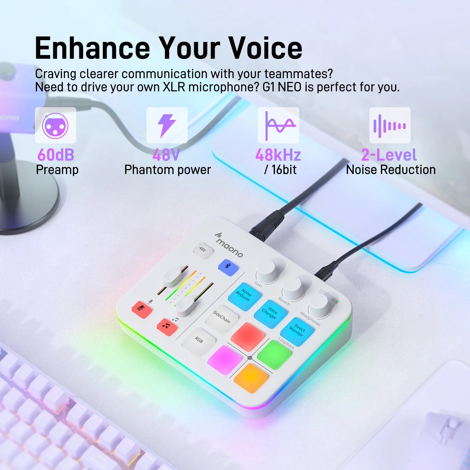 Audio Mixer with XLR Microphone Interface RGB Sound Effects for Streaming, Gaming and Podcasting