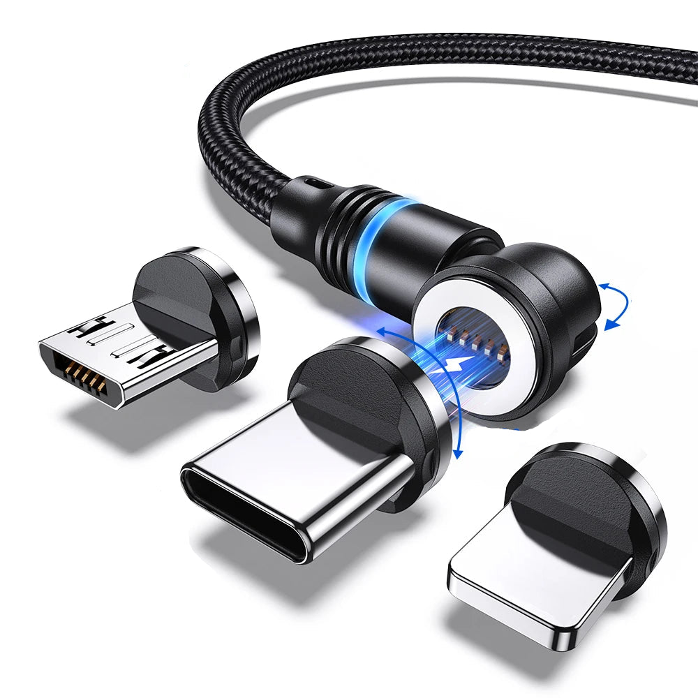 3A Fast Charging 540° Rotating Magnetic Cable with 3-in-1 Connectors for All Devices