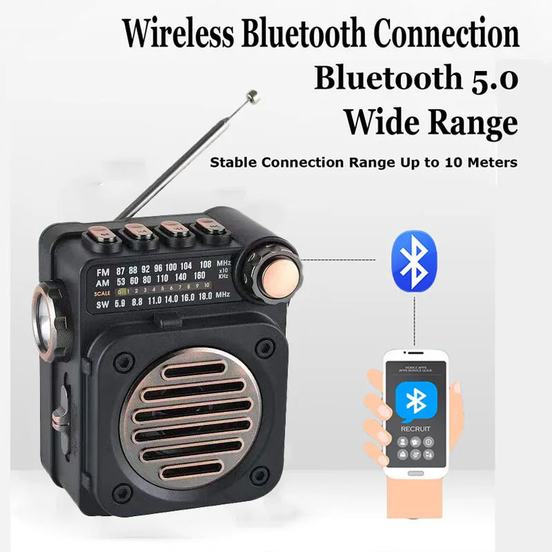 Pocket-Sized Portable FM AM SW Radio with Bluetooth Music Playback and LED Flashlight