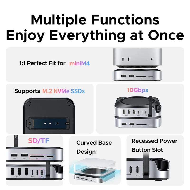 Mac Mini M4 Docking Station 11-in-1 USB-C USB-A NVMe SSD Hub SD TF Card Reader 10Gbps