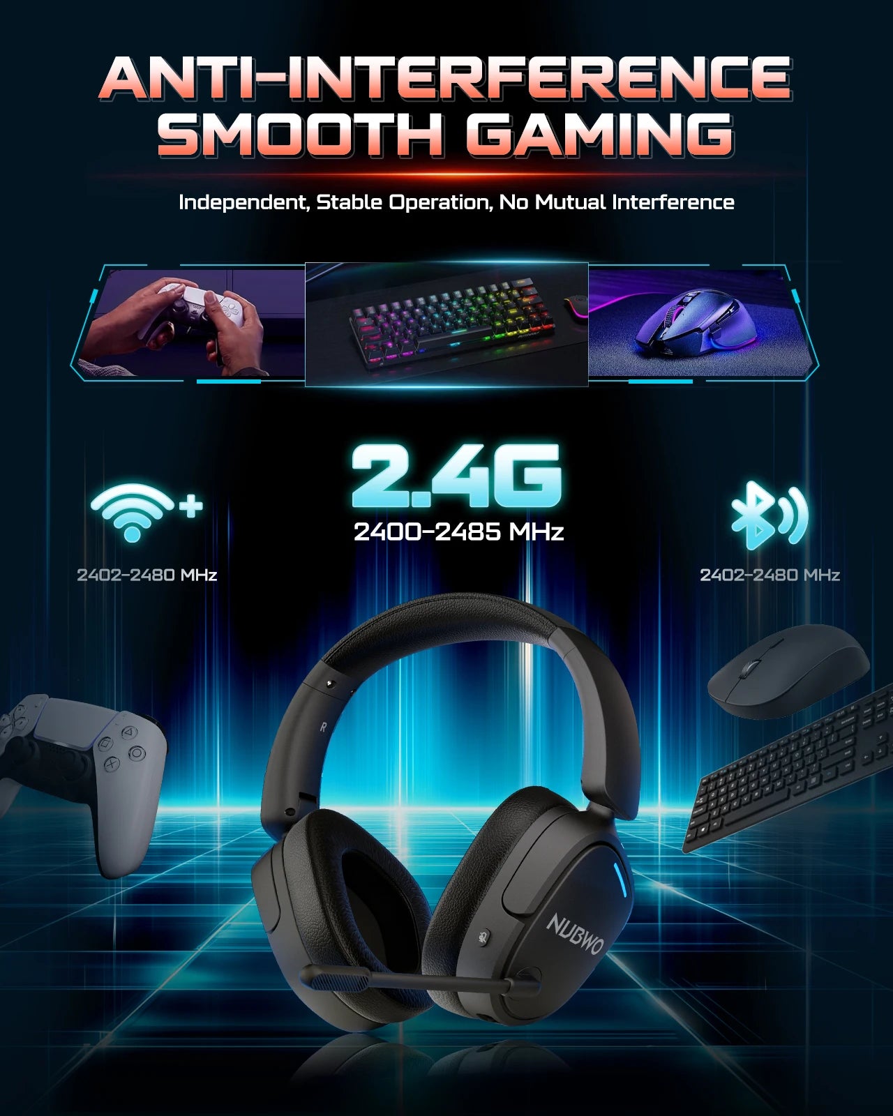 Wireless Gaming Headset with Dual 2.4G and Bluetooth Connection and Noise Cancelling Microphone