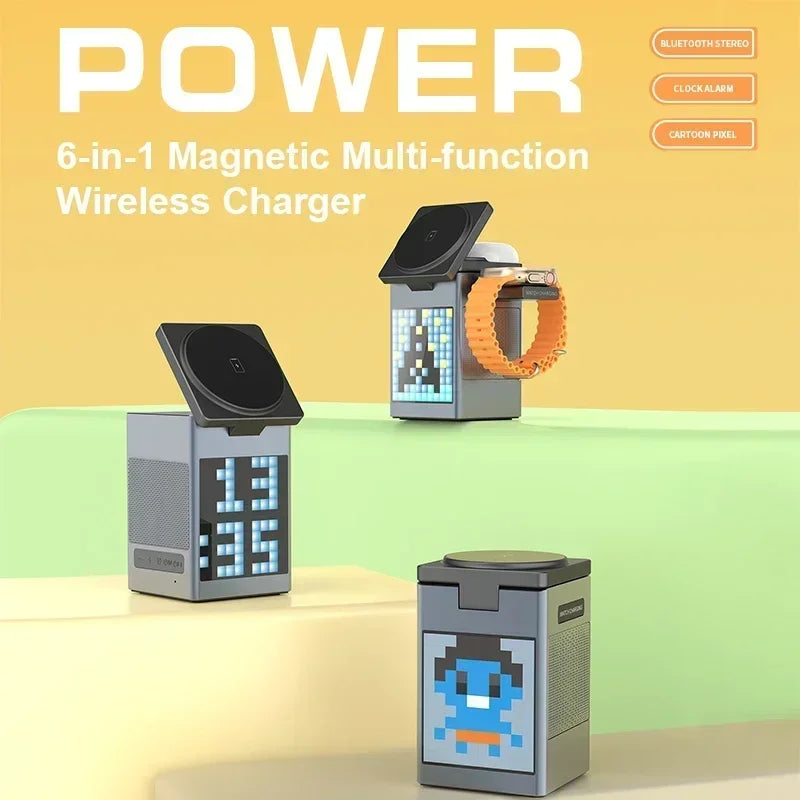 6 in 1 Magnetic Wireless Charger with Bluetooth Speaker and Alarm Clock for Apple Devices