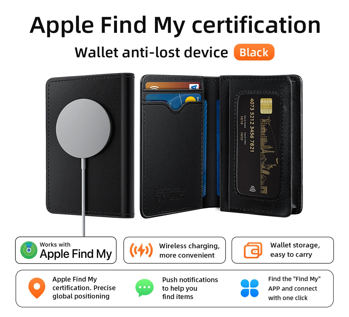 Large Capacity Smart Wallet Card Holder with Apple Find My Network GPS and Wireless Charging