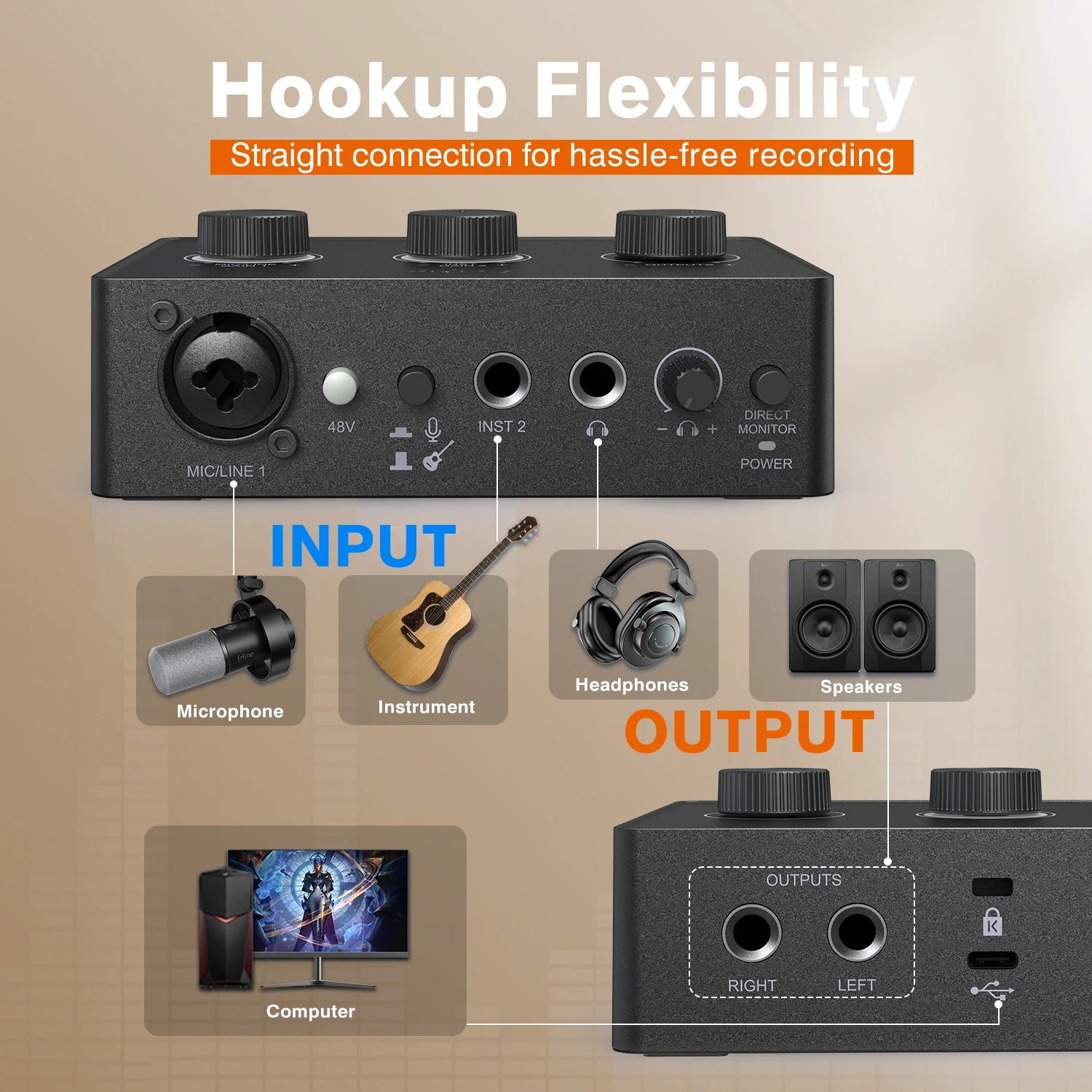 XLR Audio Interface Sound Mixer with 48V Phantom Power, Gain Control for Podcasting & Recording