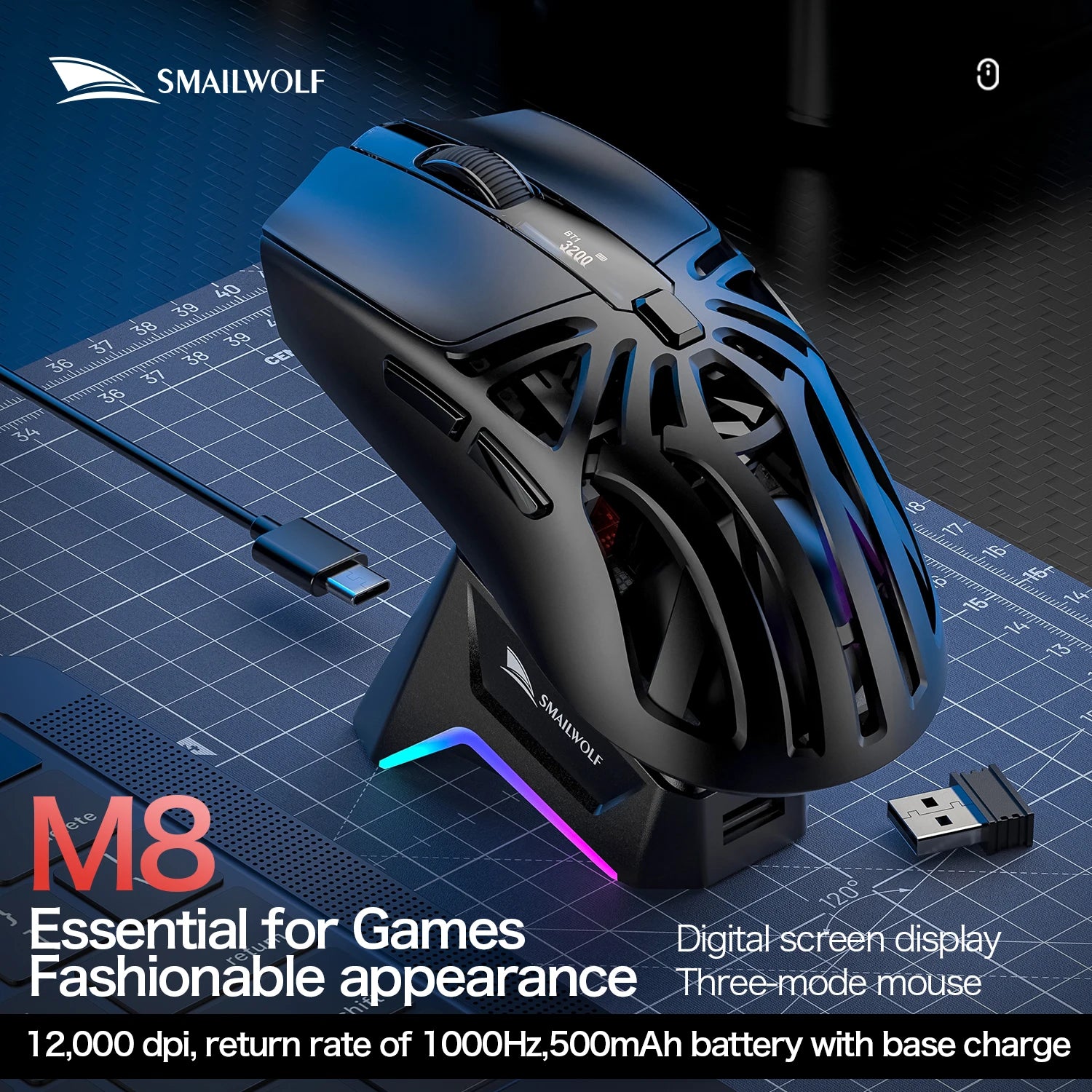 Wireless Gaming Mouse with Three Mode Connectivity and 12000 DPI Precision Sensor