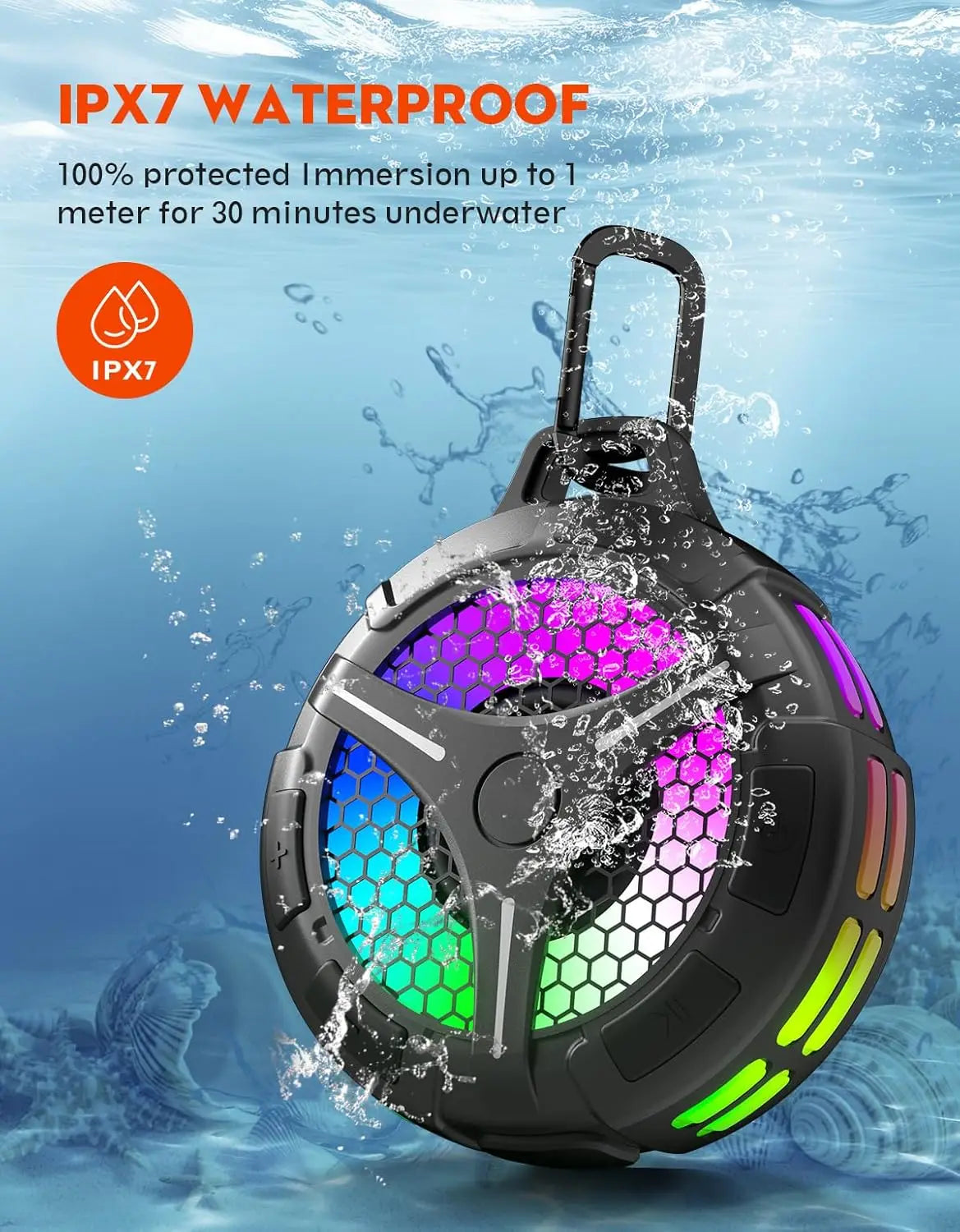 Portable Bluetooth Shower Speaker with LED Light and IP67 Waterproof Stereo Sound