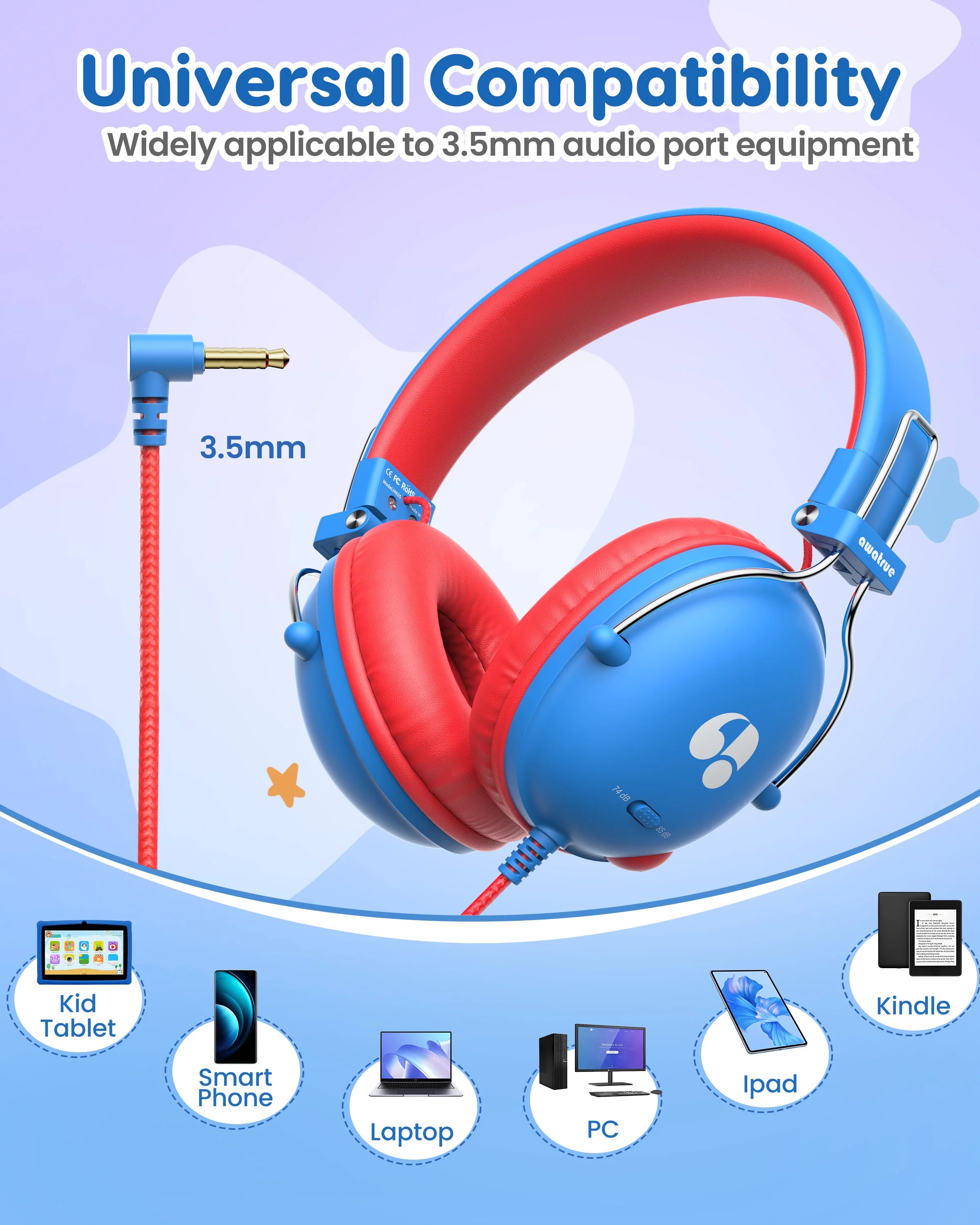 Kids Wired Study Headphones with Safe 74dB/85dB Volume Limiter for Music and Learning
