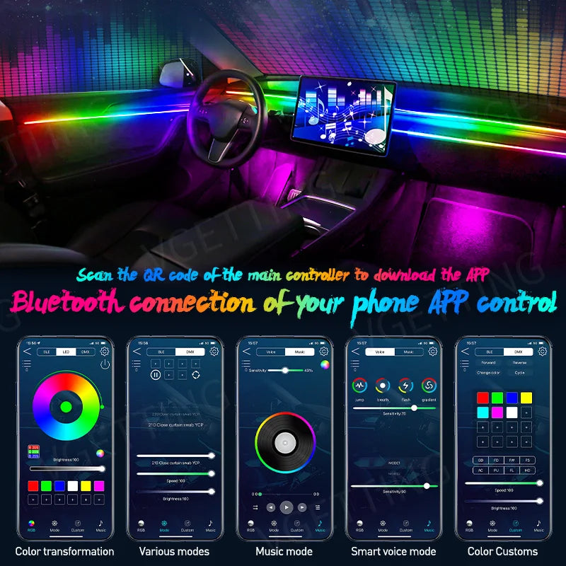 RGB Interior Ambient Car Light Strip with 64 Colour Acrylic LED Symphony Effect