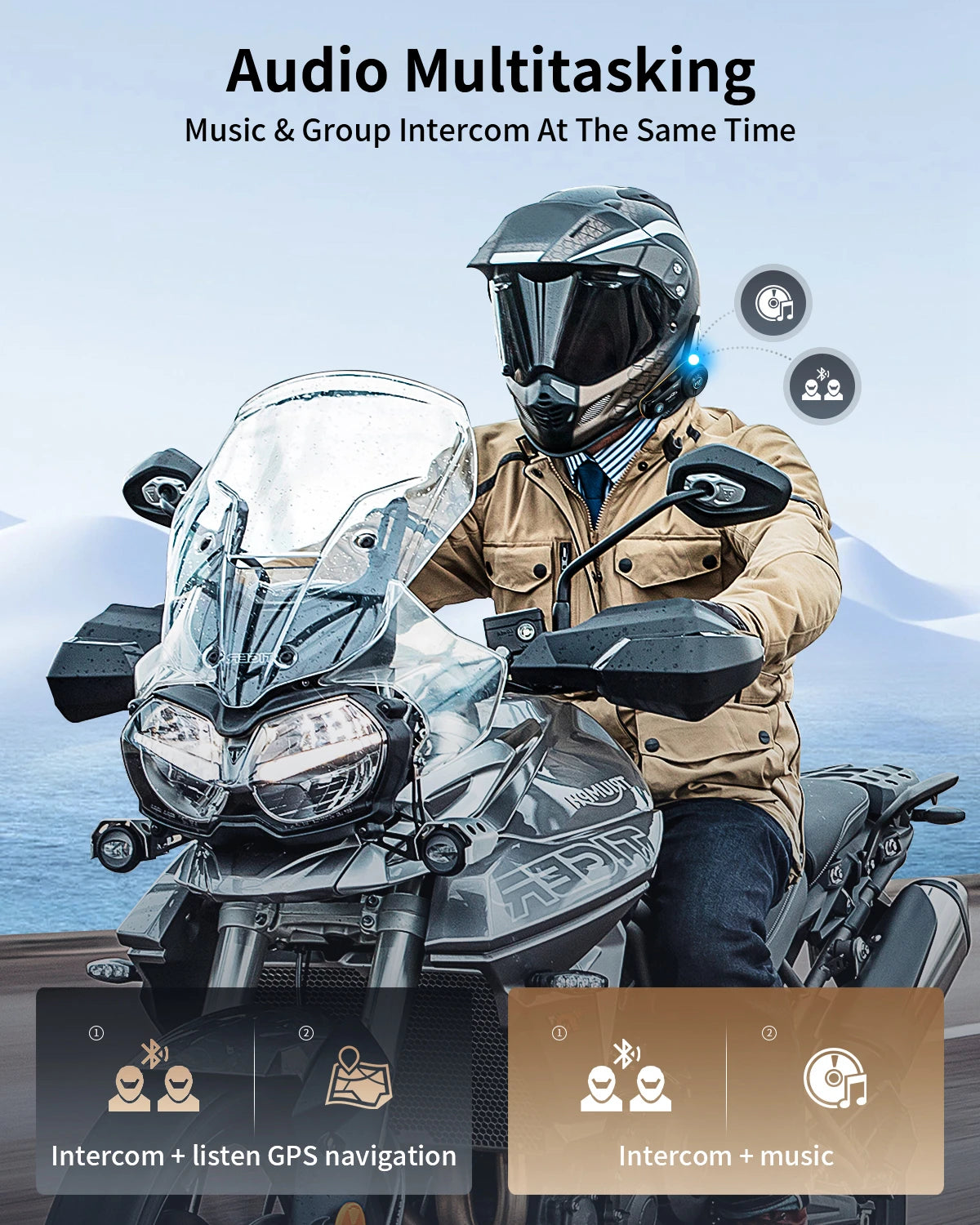 Bluetooth Motorcycle Intercom Helmet Headset for 8 Riders with Long Range Radio Waterproof Design