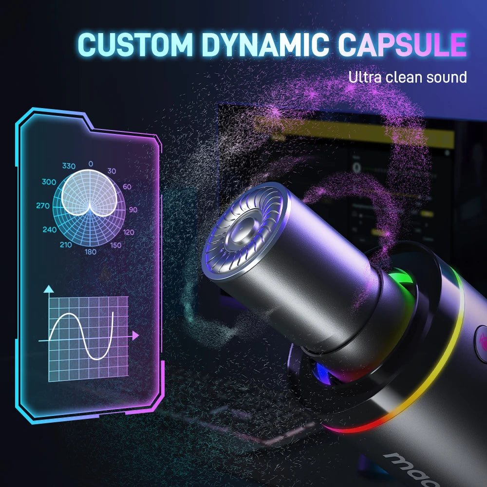 XLR USB Dynamic Gaming Microphone Metal Streaming Recording Mic with RGB Lighting Gain Knob