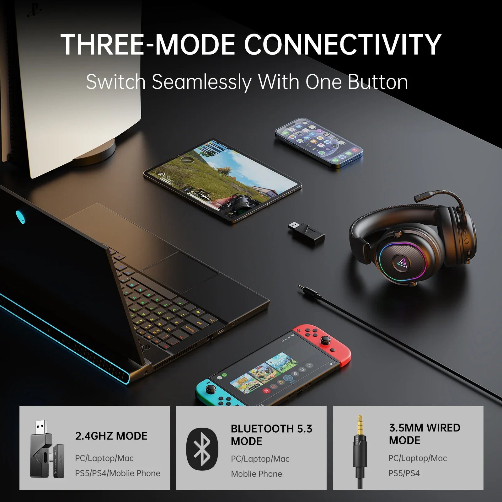 Wireless Over Ear Gaming Headset with Bluetooth and 2.4GHz Low Latency Audio for PC and Console