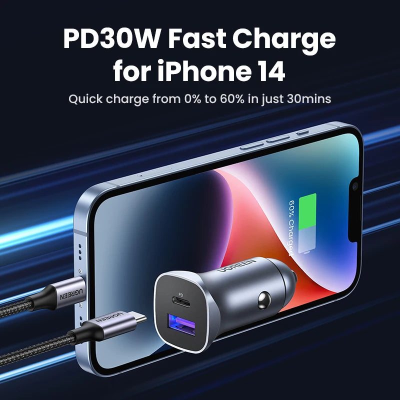 30W Car Charger USB-C Fast Charging for iPhone 17 16 15 Samsung Xiaomi Quick Charge 3.0 4.0