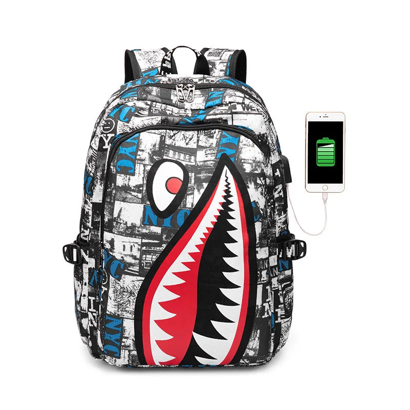Children’s Shark Print Large Capacity Backpack for Kids Lightweight Durable Cartoon School Bag