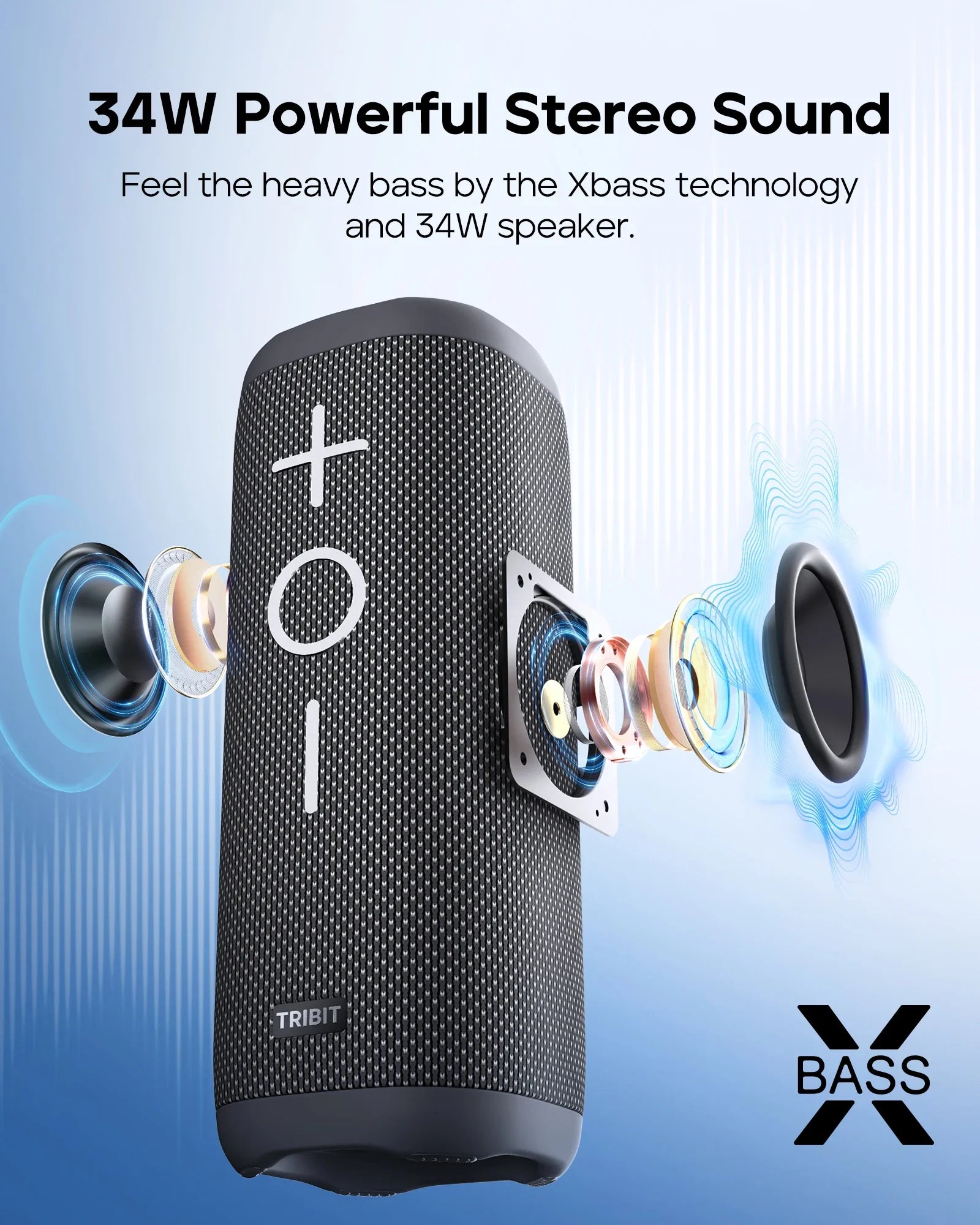 Portable Bluetooth Speaker 34W IPX7 Waterproof 24hr Playtime Wireless Outdoor Stereo Black